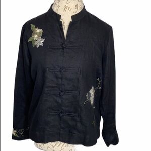 𝅺RELATIVITY black embroidered linen Asian style top